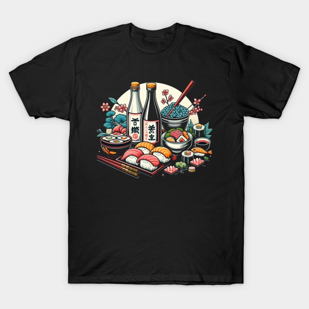 Sushi & Sake Elegance - Artistic Japanese Cuisine T-Shirt by CP6Design